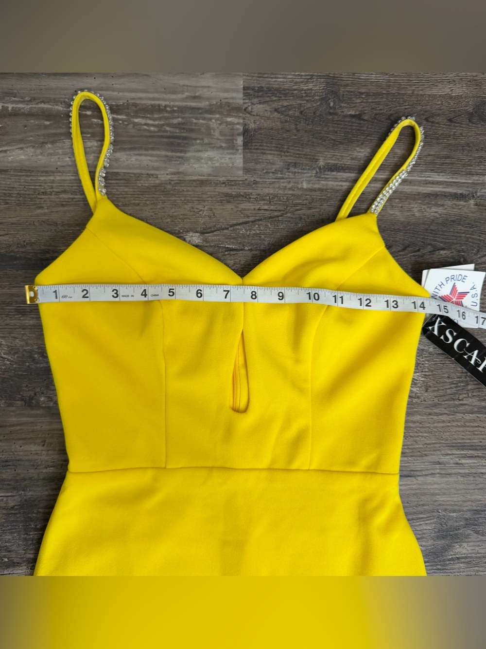 Xscape Yellow Rhinestone Spaghetti Strap Front-Slit Gown Size 0 - Picture 5 of 9